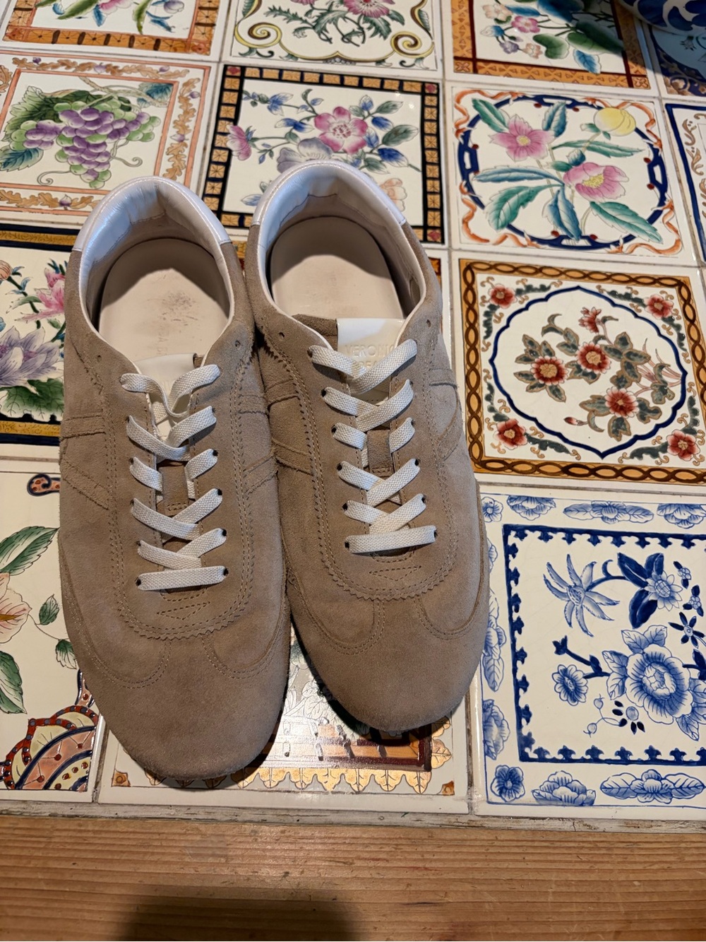 Veronica Beard Taupe Suede Sneakers with White Laces slip-on